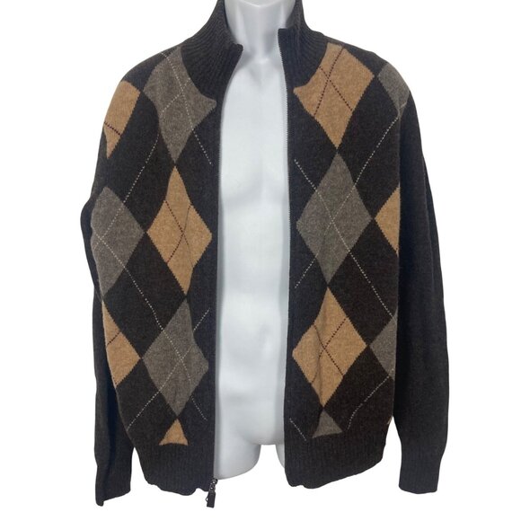 J Crew Argyle Full Zip Lambs Wool Sweater Mens Large Brown Preppy Grandpa - Picture 10 of 12